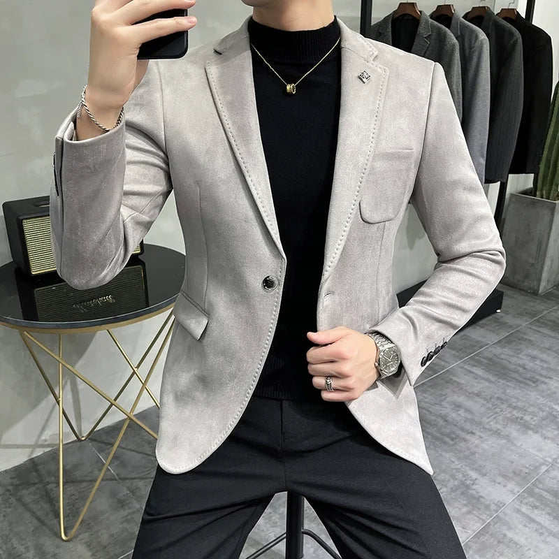 Jaqueta Masculina De Couro de Cervo com Forro de Lã Terno Blazer Masculino Negócios Casual Slim Fit Marca Moda Alta Qualidade Terno de Um Botão