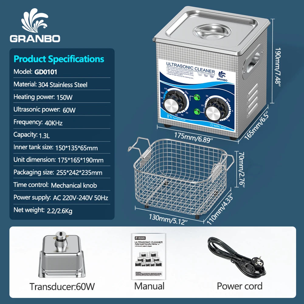 Granbosonic 1L 60W/120W Ultrasonic Cleaner Machine Stainless Steel With Heater Timer Jewelry Glasses for Home