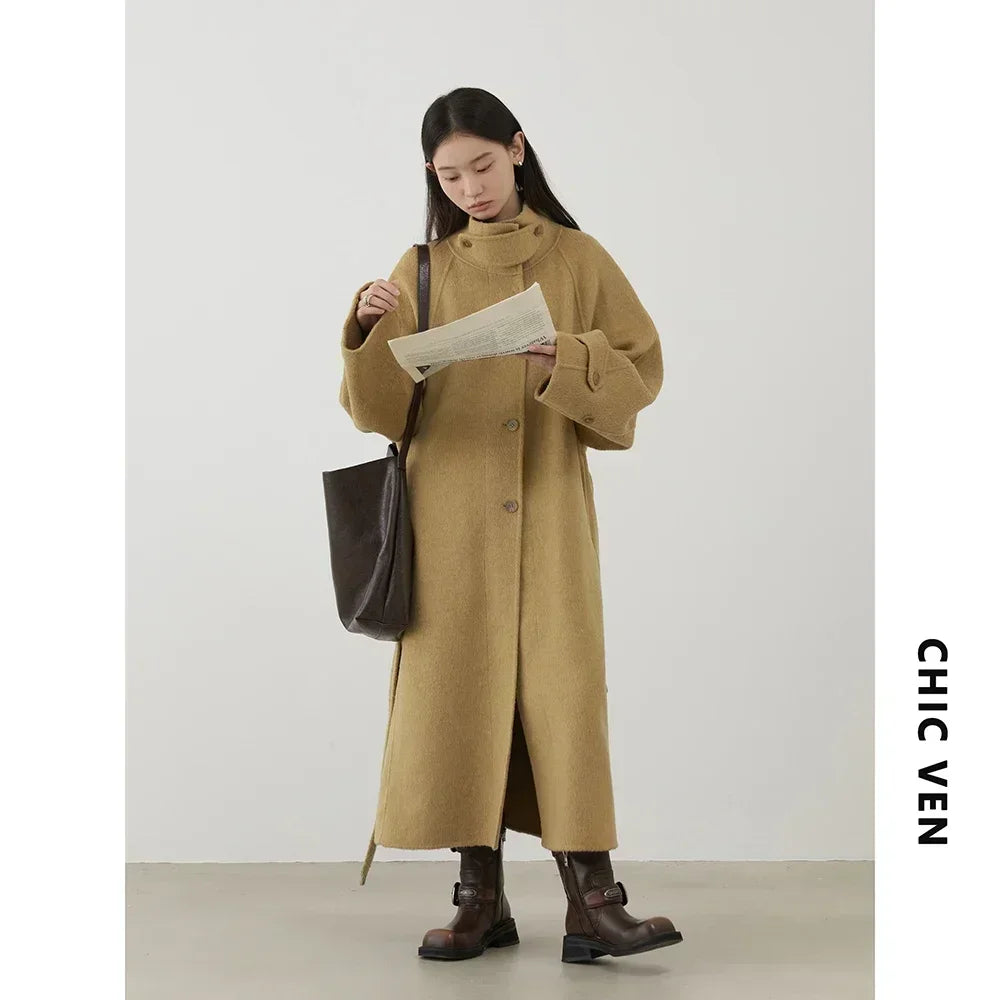 CHIC VEN Casaco Feminino Coreano de Lã Botão Único Gola Alta Solta com Cinto Longo Dupla Face Sobretudo Feminino Outono Inverno 2024