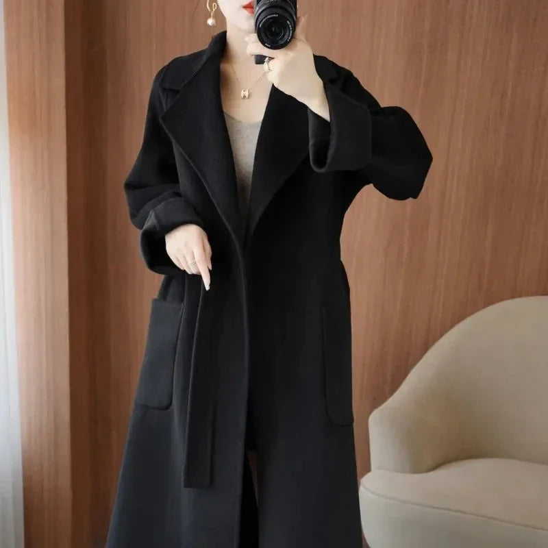 Sobretudo 100% Lã Feminino 2026 Moda Outono/Inverno Temperamento Casacos de Cashmere Dupla Face com Cinto Sobretudo Longo Elegante
