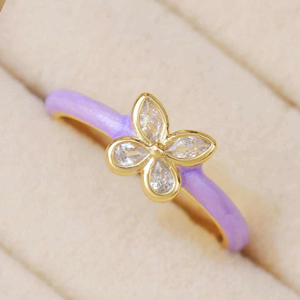 JUWANG 3A Zircon Ring For Women High-End Purple Super Fairy Temperament Flower Dripping Oil Exquisite Zircon Butterfly Open Ring