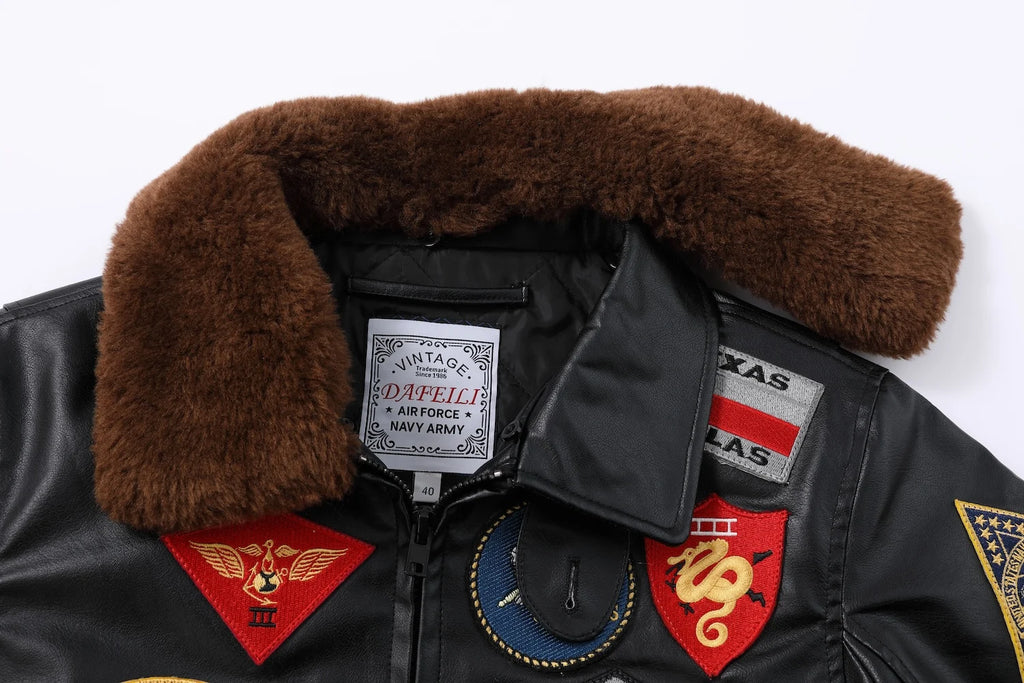 Jaqueta Masculina Top Gun G1 Tom Cruise Maverick Couro PU com Pelo Militar Bomber Aviador Piloto de Voo com Patch Bordado