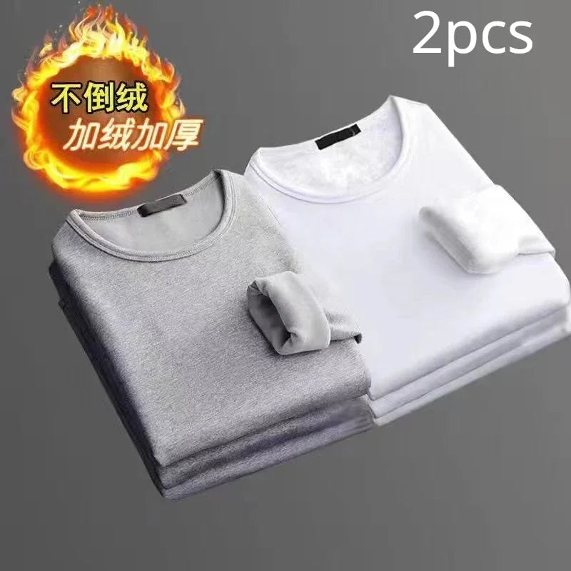 2 Peças Cueca Masculina Inverno Camiseta Térmica de Manga Comprida Acolchoada de Veludo Gola Redonda Cor Sólida Blusa de Baixo Fina