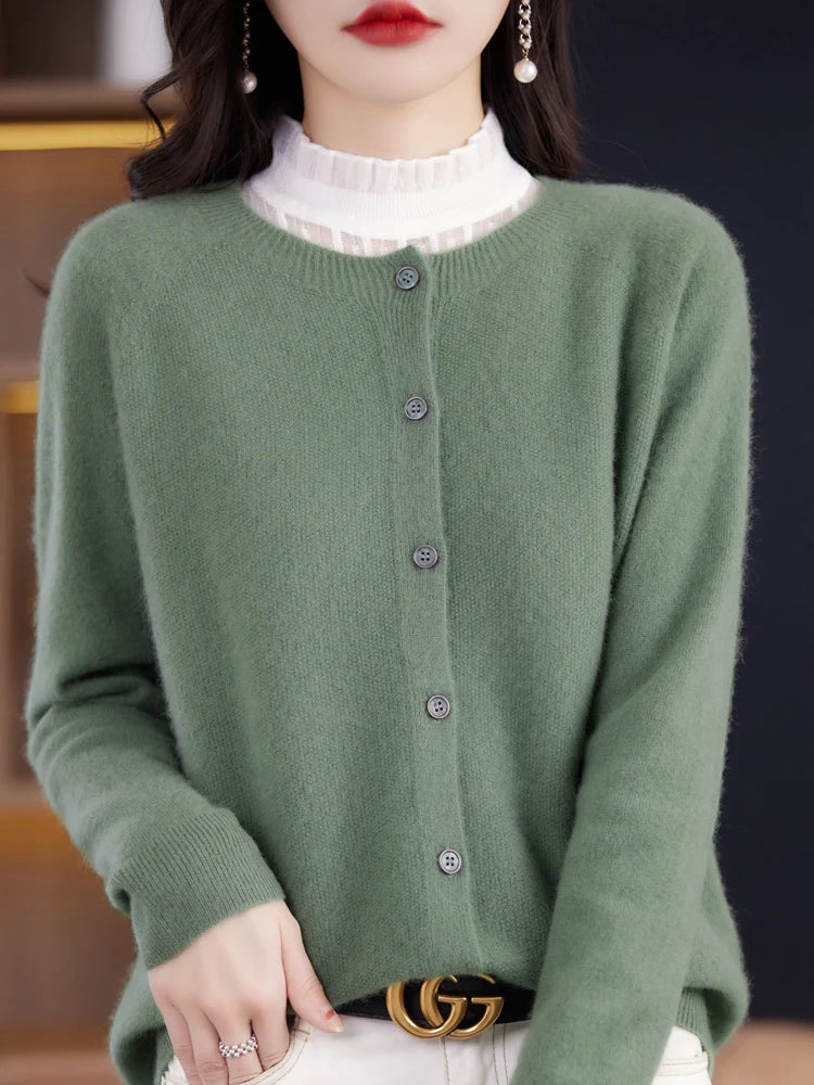 2024 Novo Cardigan Básico Chique Feminino Gola Redonda Suéter de Lã Merino Macio Roupa de Malha Elegante Casaco Primavera Outono Roupas Femininas Tops - Vermelho Shumei XXL