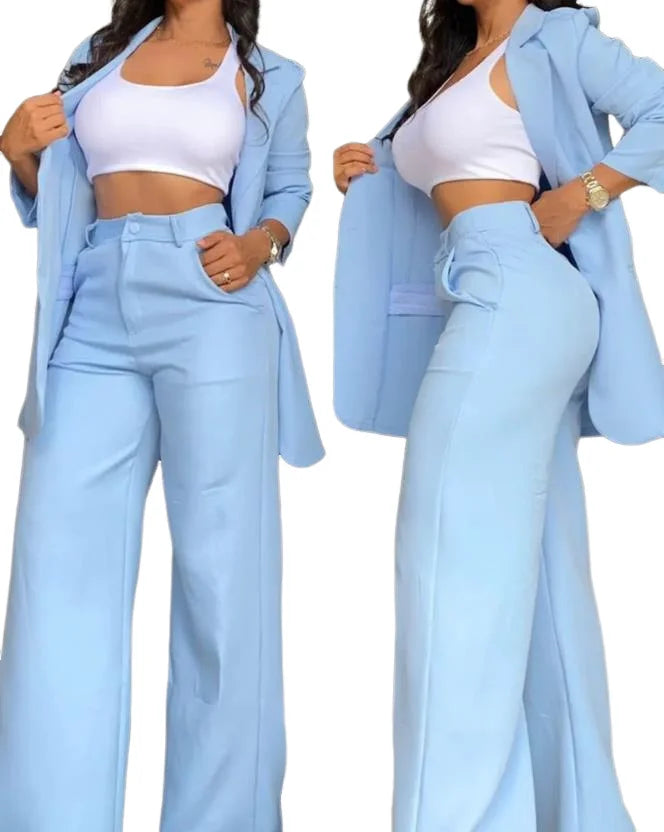 Conjunto de Duas Peças Feminino Outono 2024 Nova Moda Casual Sólido Diário Deslocamento Gola Entalhada Blazer Casaco Calças com Bolso Conjunto 1 - A S