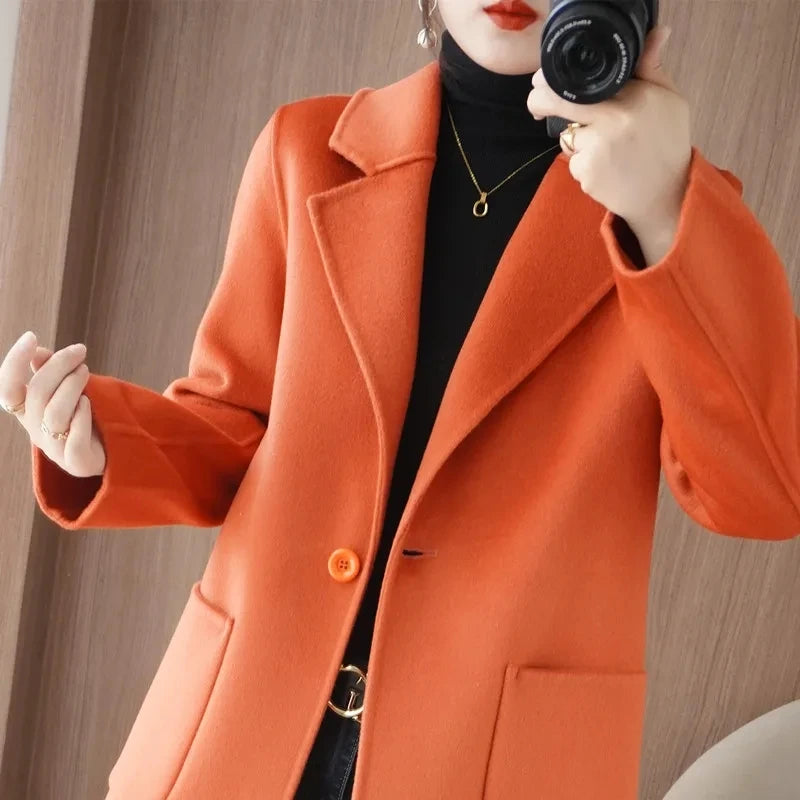 Jaqueta Feminina Casaco De Lã Cashmere Dupla Face 100% Pura Lã Outono Inverno Novo Casaco Corta-Vento De Lã Slim De Um Botão De Comprimento Médio