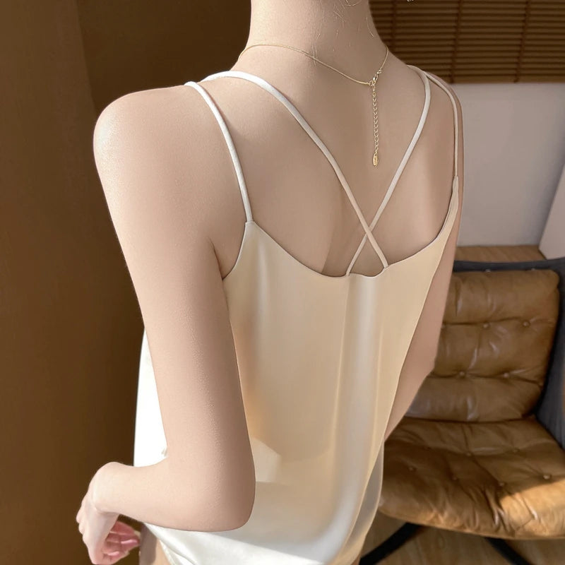 2026 Alça Fina Regata Feminina Frente Única Gola V Básico Branco Camisa Sem Mangas Cetim Seda Blusas Femininas Verão Camisola Cropped Top - preto P