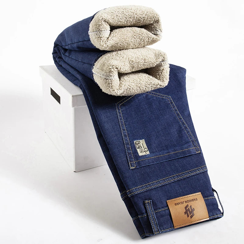 Inverno Cordeiro Flanela Jeans Reto Masculino Engrossar Tamanho Grande 40 Calças Jeans Cintura Alta Jeans Elástico Forrado de Lã Quente Slim Vaqueros