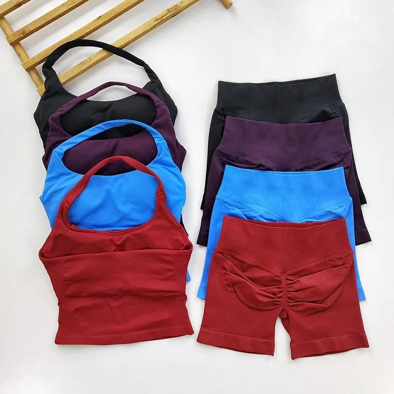 Conjunto de ginástica de 2 peças de ioga para mulheres, tops tipo halter sem costas, shorts sem costura de cintura alta, conjunto de ginástica, sutiãs esportivos de fitness, roupa esportiva, conjuntos de treino