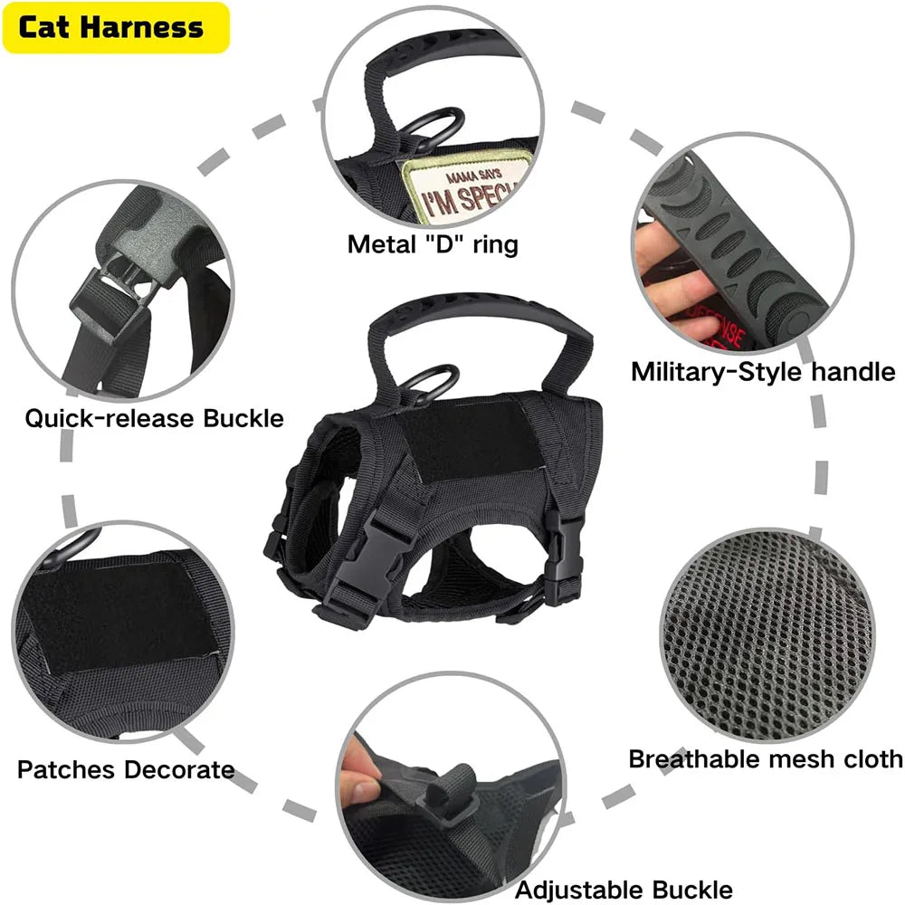 Coleira Peitoral Tática Para Cães e Gatos de Trabalho Ajustável para Pets Colete Peitoral de Malha Macia para Treinamento de Filhotes com Alça para Gatos Grandes