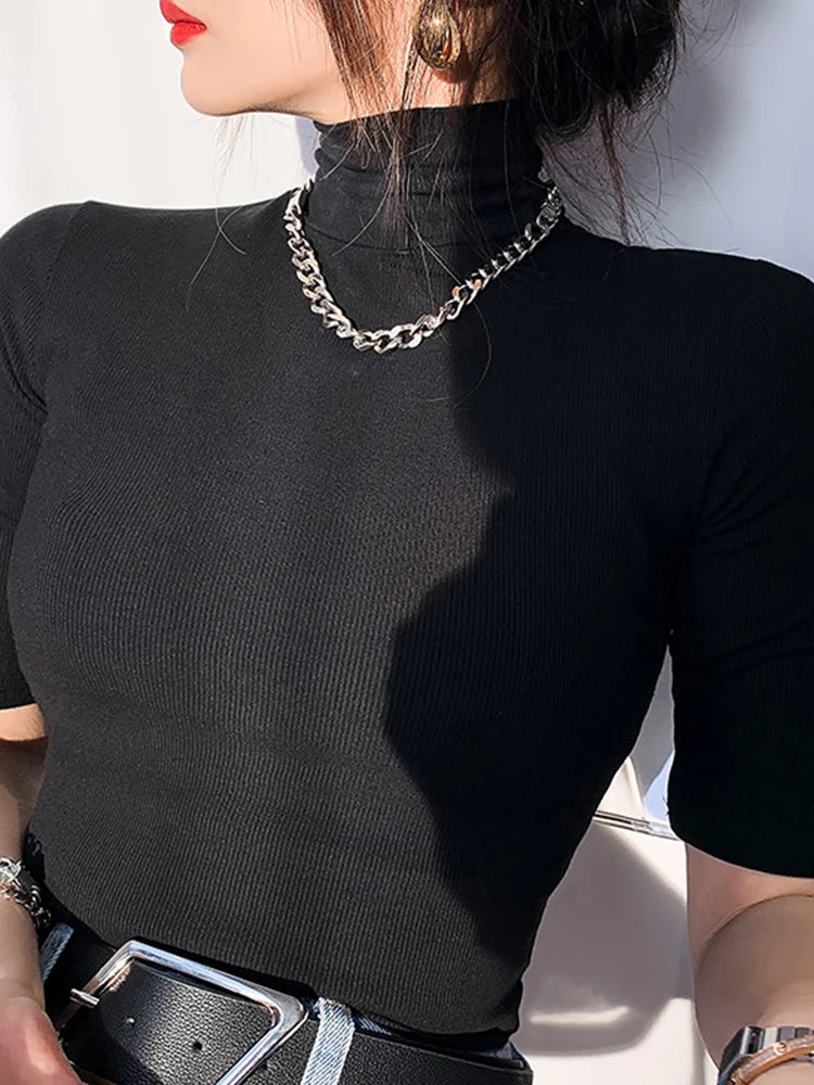 Basic T Shirt Women Turtleneck Slim Tshirt Short Sleeve T Shirts Female Casual Elasticity White Tee Shirt Femme Woman Top - WHITE M