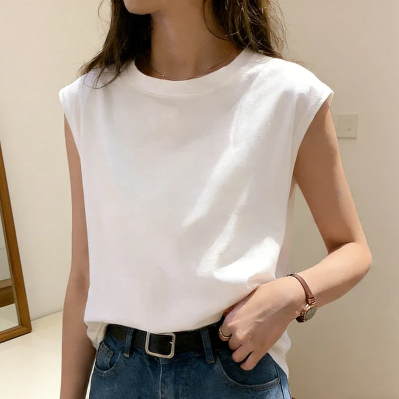 Regata Feminina Solta Sem Mangas Casual Verão Colete Básico Diário Camiseta Estilo Doce Adequado Para Estudantes Elástico Macio Roupa Feminina - preto M