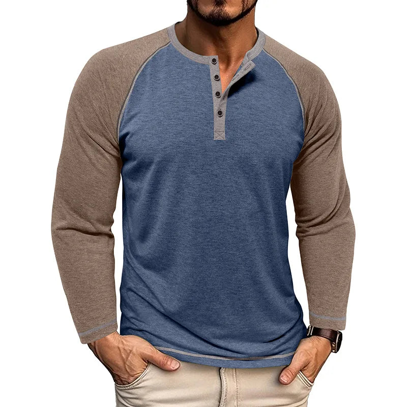 Nova Camiseta Masculina de Manga Raglan com Gola Henry de Manga Longa Outono e Inverno Estilo Europeu e Americano