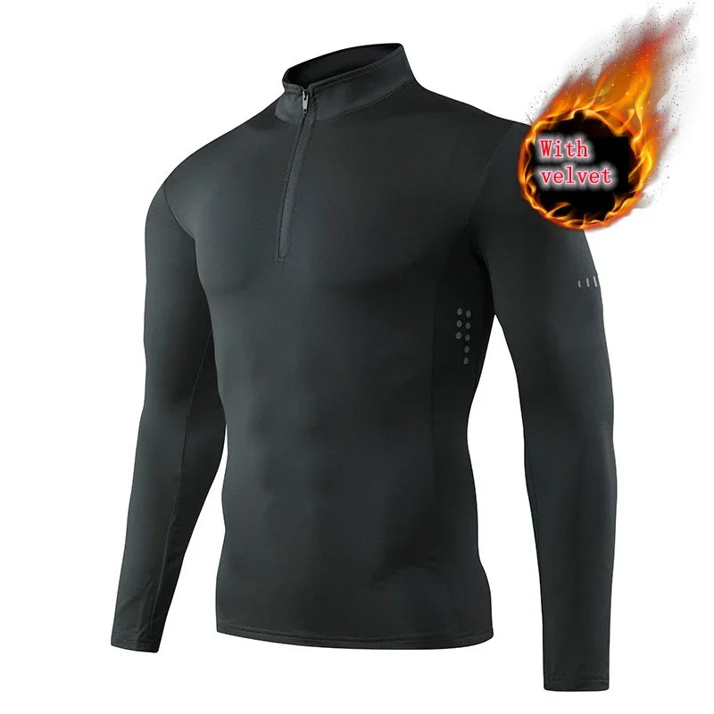 Camisa Masculina Manga Longa Compressão para Corrida Secagem Rápida Academia Fitness Ciclismo Zíper Rashguard