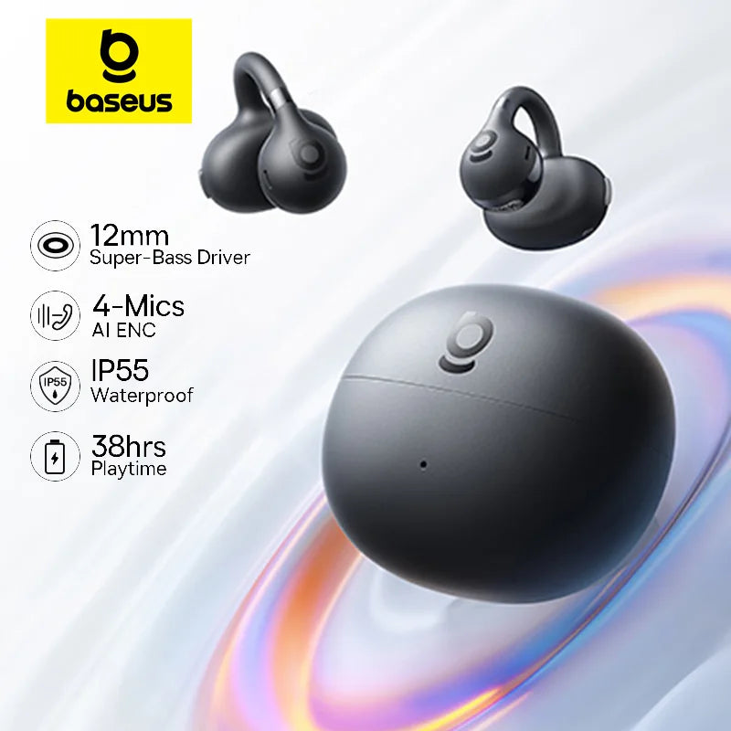 Baseus BC1 Fone de Ouvido de Condução Óssea Aberta sem Fio Bluetooth 6.0 Clip On Esportivo com Microfone Duplo Super Graves IP55