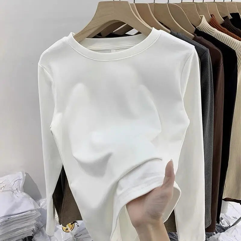 Camiseta Gola Redonda Feminina Outono Inverno 2026 Novo Estilo Cor Pura Ajuste Slim Interior Em Fleece Grosso Manga Longa - S 501 temperamento cinza escuro