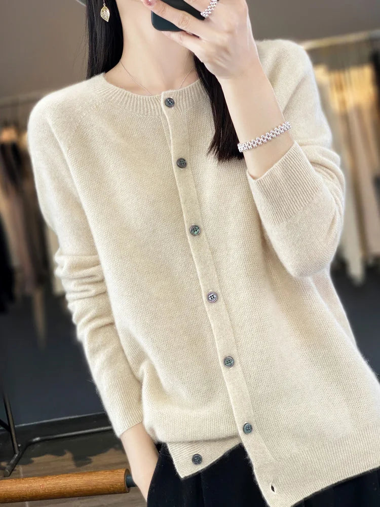 Suéteres Femininos de Manga Longa 100% Lã Merino Primavera Outono Gola O Tricô Blusas Roupas Moda Básica - AZUL CÉU M