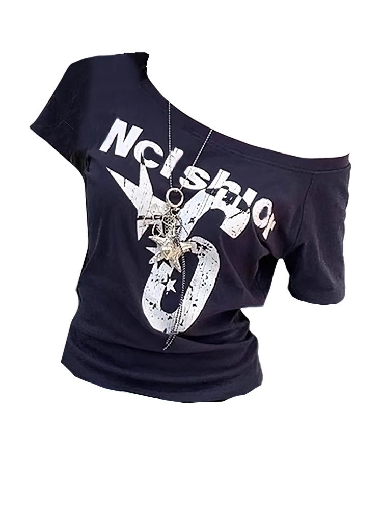 Y2K Esporte Verão Top Ombro a Ombro Feminino Sexy Vintage Anos 2000 Camiseta Manga Curta Feminina Blusa Básica Cropped Feminina Casual - Azul Marinho P