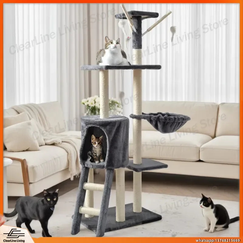 Arrranhador para Gatos Grande de Vários Andares com Camas Aconchegantes Casa para Gatos Poste de Arranhar Enrolado em Sisal e Varinha de Brinquedo para Gatos de Porte Pequeno e Médio