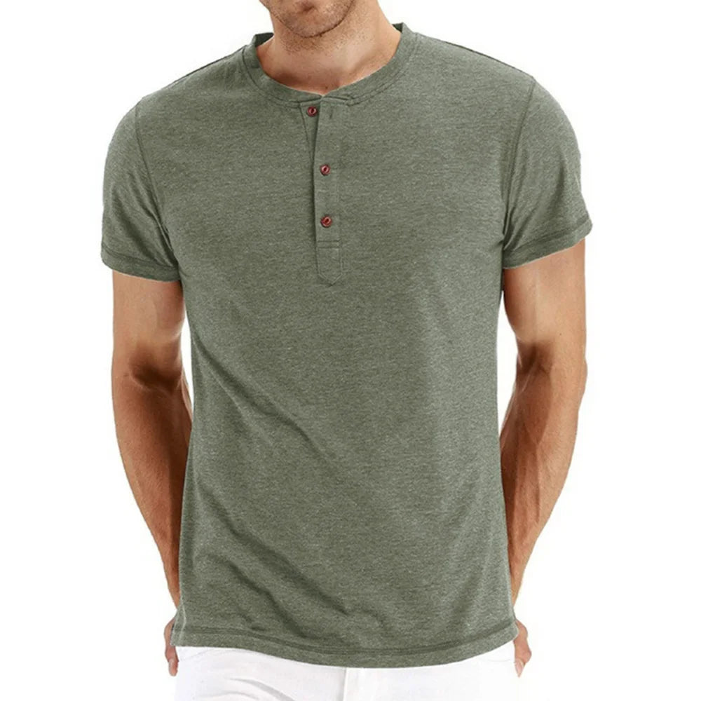 Camiseta Masculina Algodão de Qualidade Gola Henley Design de Moda Slim Fit Cor Sólida Tops Masculinos Camisetas Manga Curta Para Homens