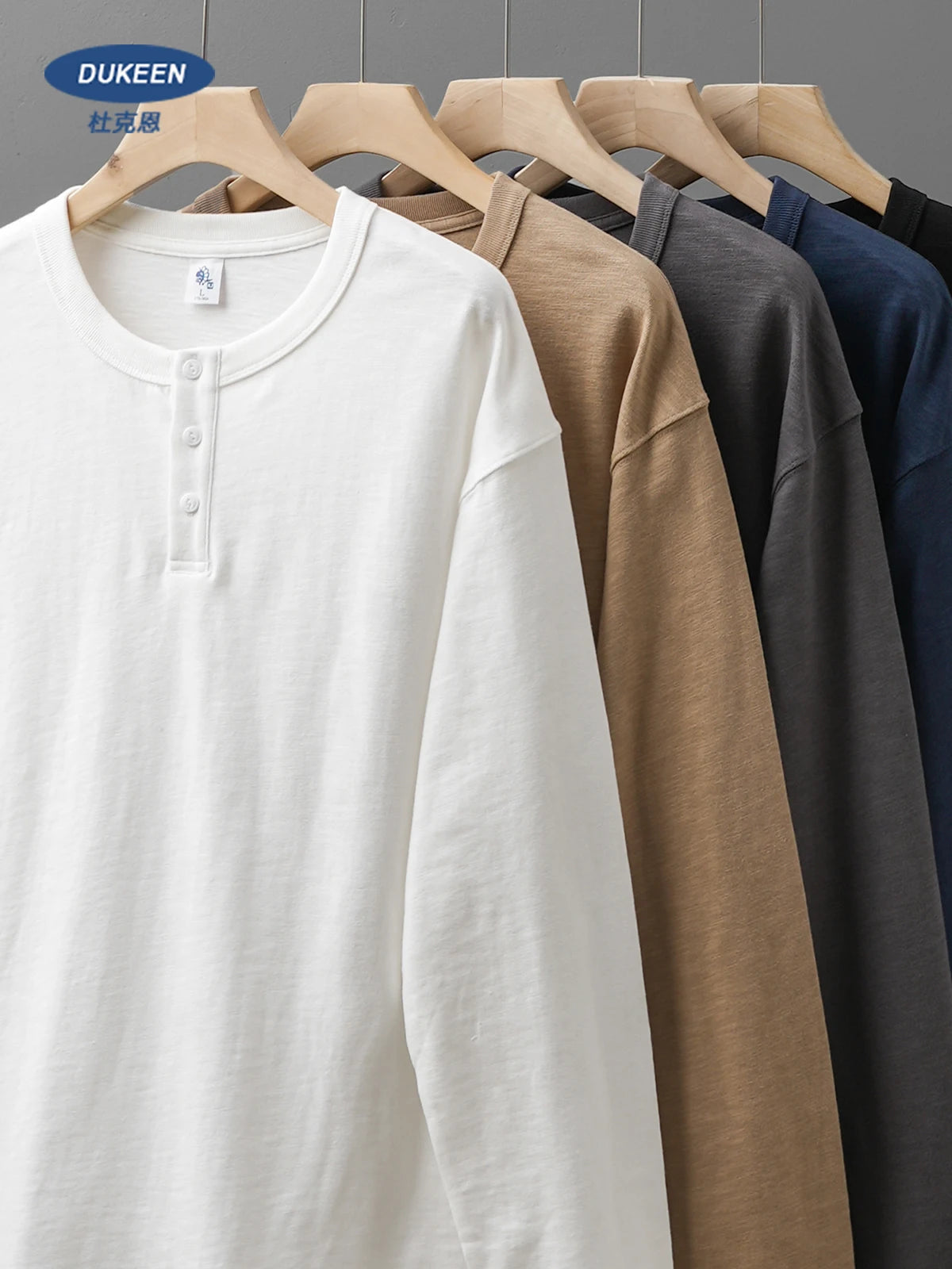 Dukeen 320G Heavyweight 100% Cotton Henley Neck T Shirt for Men Long-Sleeved Spring Autumn Casual Tops Solid Color Undershirts