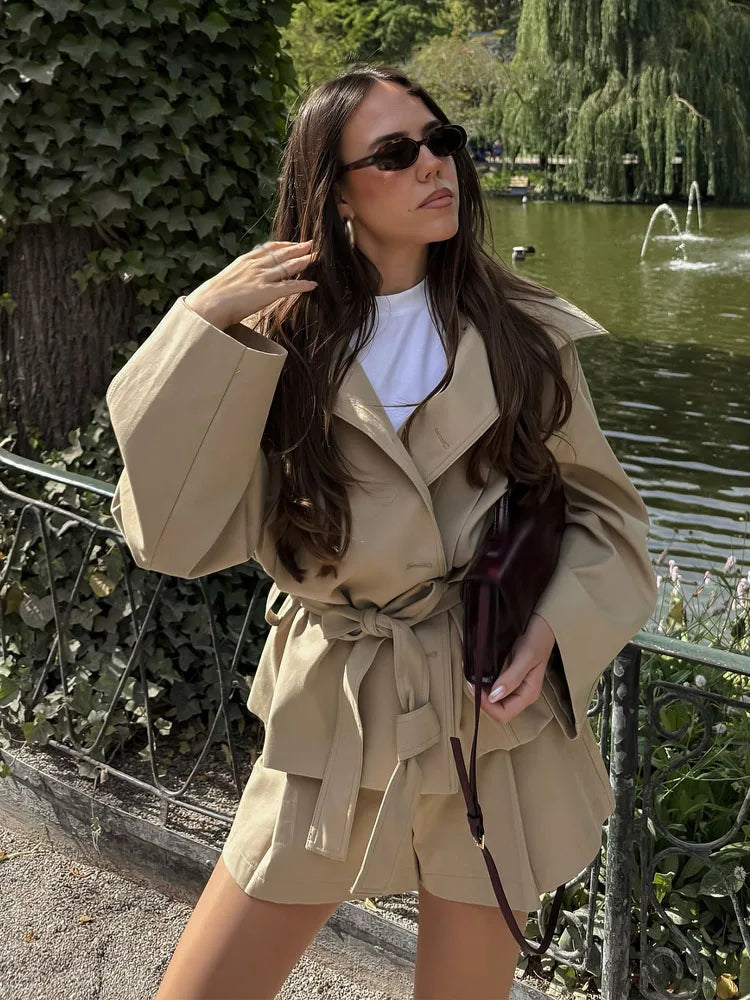 Hh Women Fashion Summer Suits Solid Turn Down Collar Long Sleeves Lace Up Single Breasted Jackets High Waist Zipper Shorts 1 - khaki jacket S