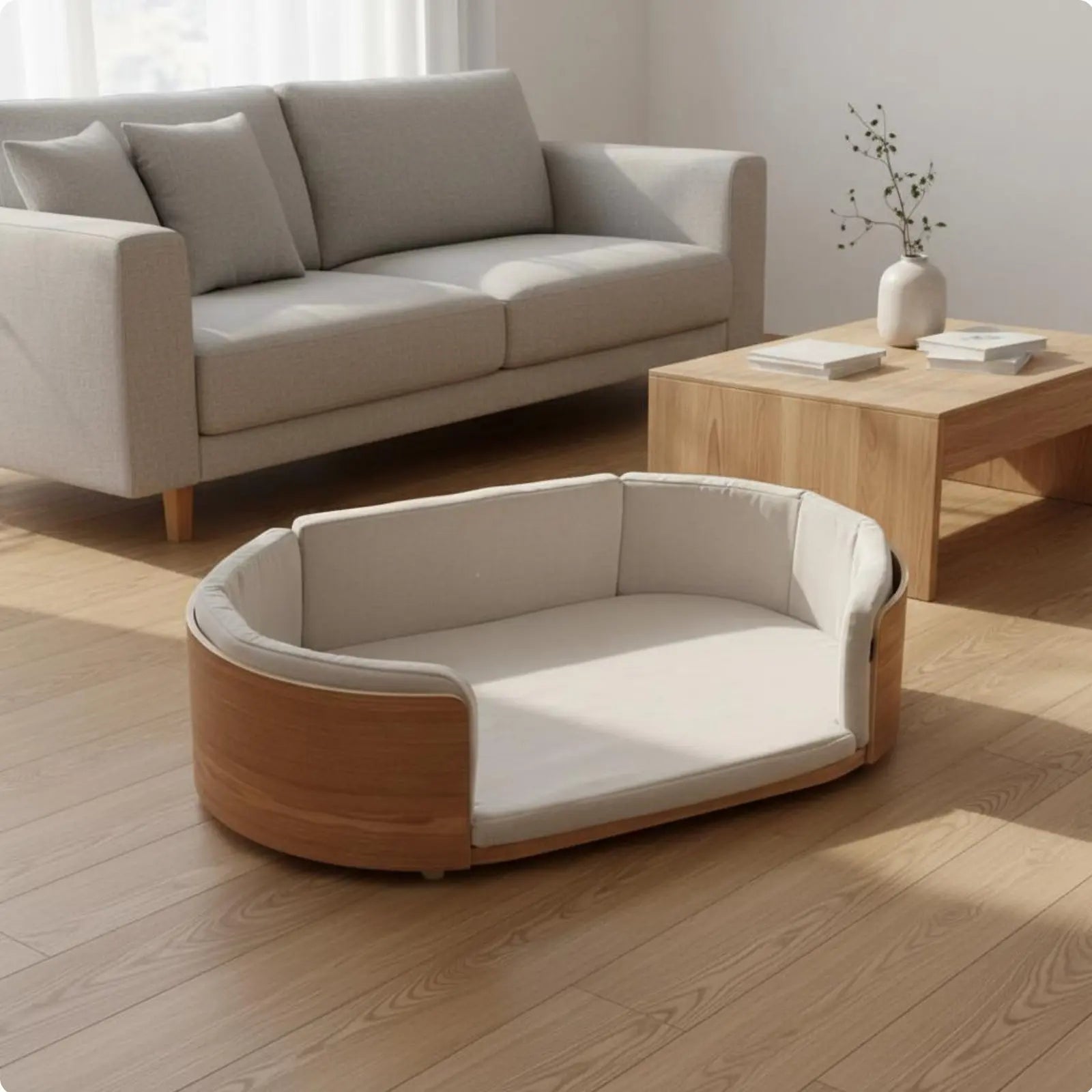 Wooden Pet Sofa Removable and Cleanable Cover Modern Pet Bed Raised Dog Lounger Year-Round Use Oval Cat Bed Firm Wood Veneer