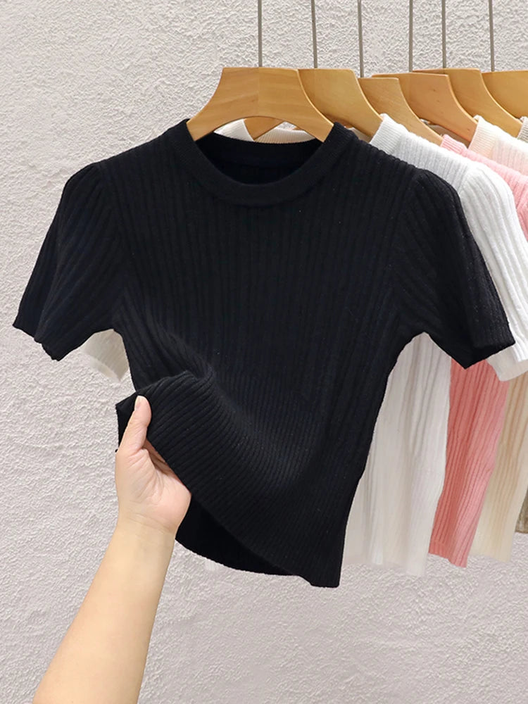 Camisetas de verão 2026 femininas casuais coreanas de malha streetwear tees básicas sólidas jovens blusas frescas - Vermelho Tamanho Único