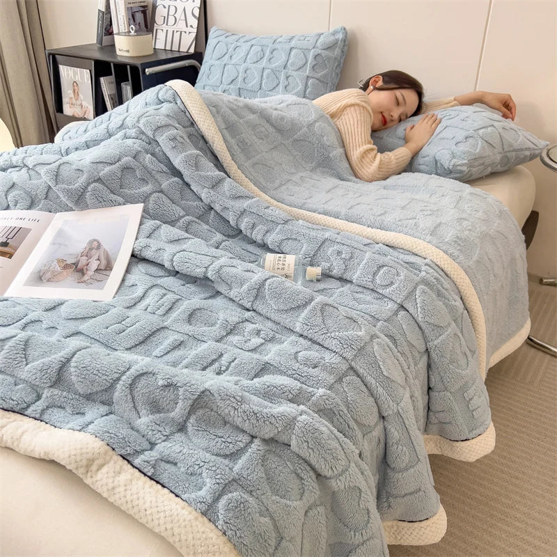 Heart Pattern Coral Fleece Blanket Spring Autumn Cozy Thicken Warm Plush Blanket for Bed Fluffy Super Soft Sofa Throw Blankets