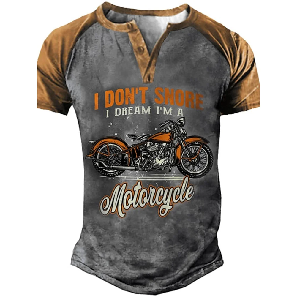 Motorcycle Impressão 3D Vintage Henley Camisas Masculinas Casuais Moda Streetwear Superdimensionada Camiseta Manga Curta Masculina Tops Roupas