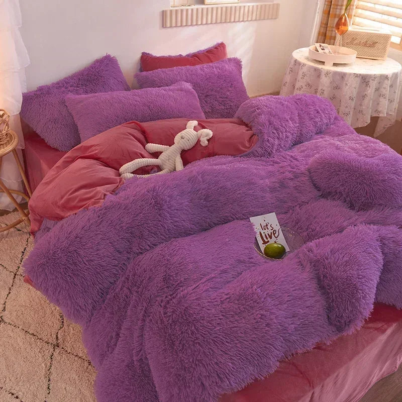 Luxury Autumn Winter Warm Pink Bedding Set Plush Kawaii Mink Velvet Queen Duvet Cover Set with Sheets Single Double Bedding Sets