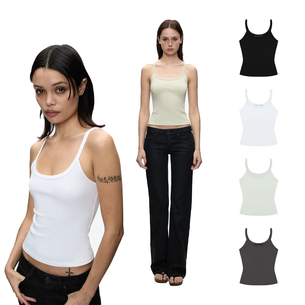 Regata Básica U Neck com Alças Finas Camisola Ajustada e Que Cai Bem Camisola Camada Base de Cor Sólida Blusa Canelada Slim Fit Versátil Minimalista Preto e Branco - preto P