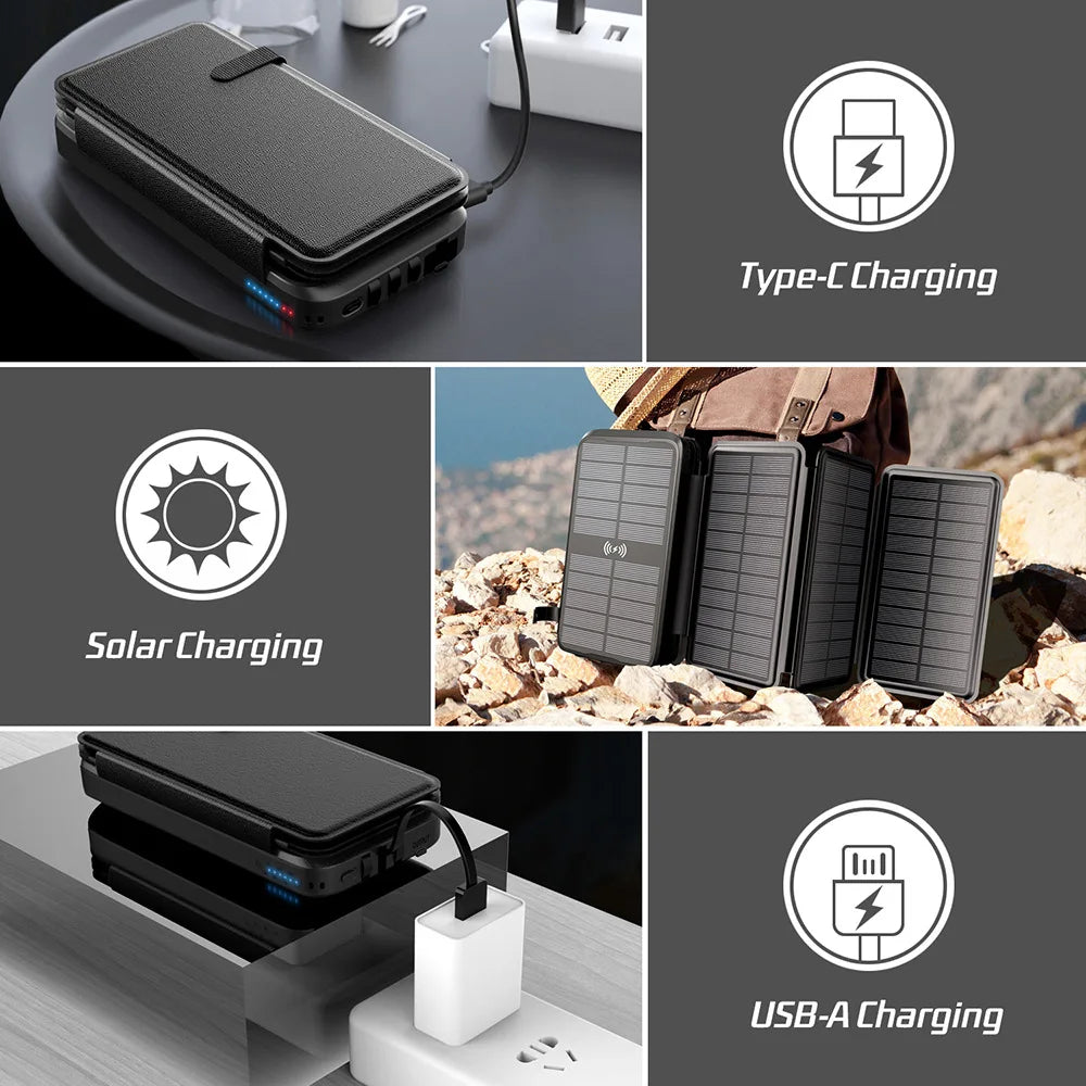 Solar Power Bank 43800mAh Wireless Charger 4 Solar Panels LED Light