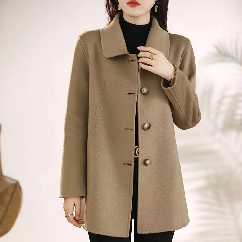 Novo Casaco Feminino de Lã Elegante de Outono e Inverno, Alta Qualidade, Peito Simples, Slim, Quebra-vento