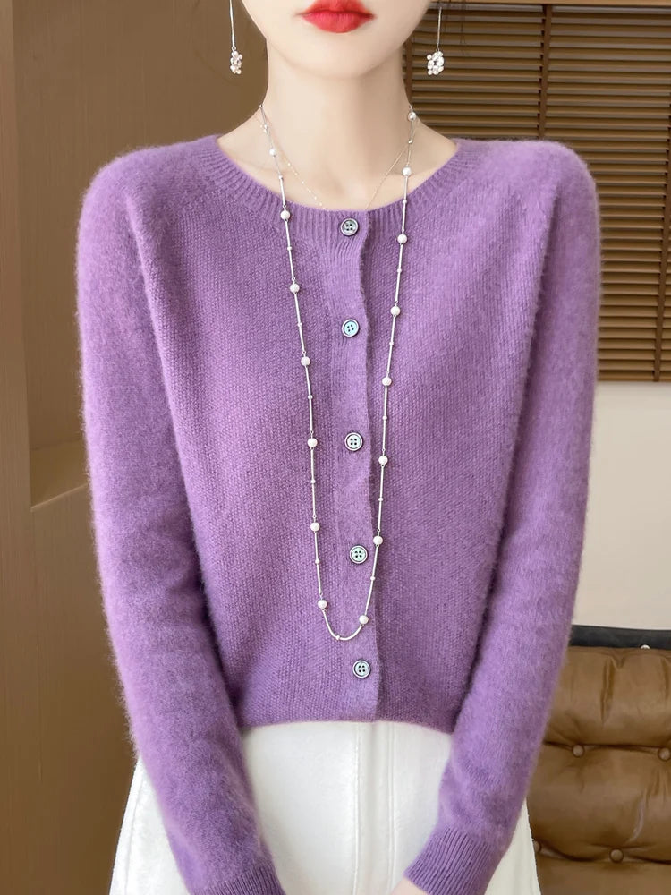 Suéter Feminino de Cashmere 100% Lã Merino Cardigã de Malha Outono Inverno Malharia Gola Redonda Feminina Cor Sólida Casual Top de Moda
