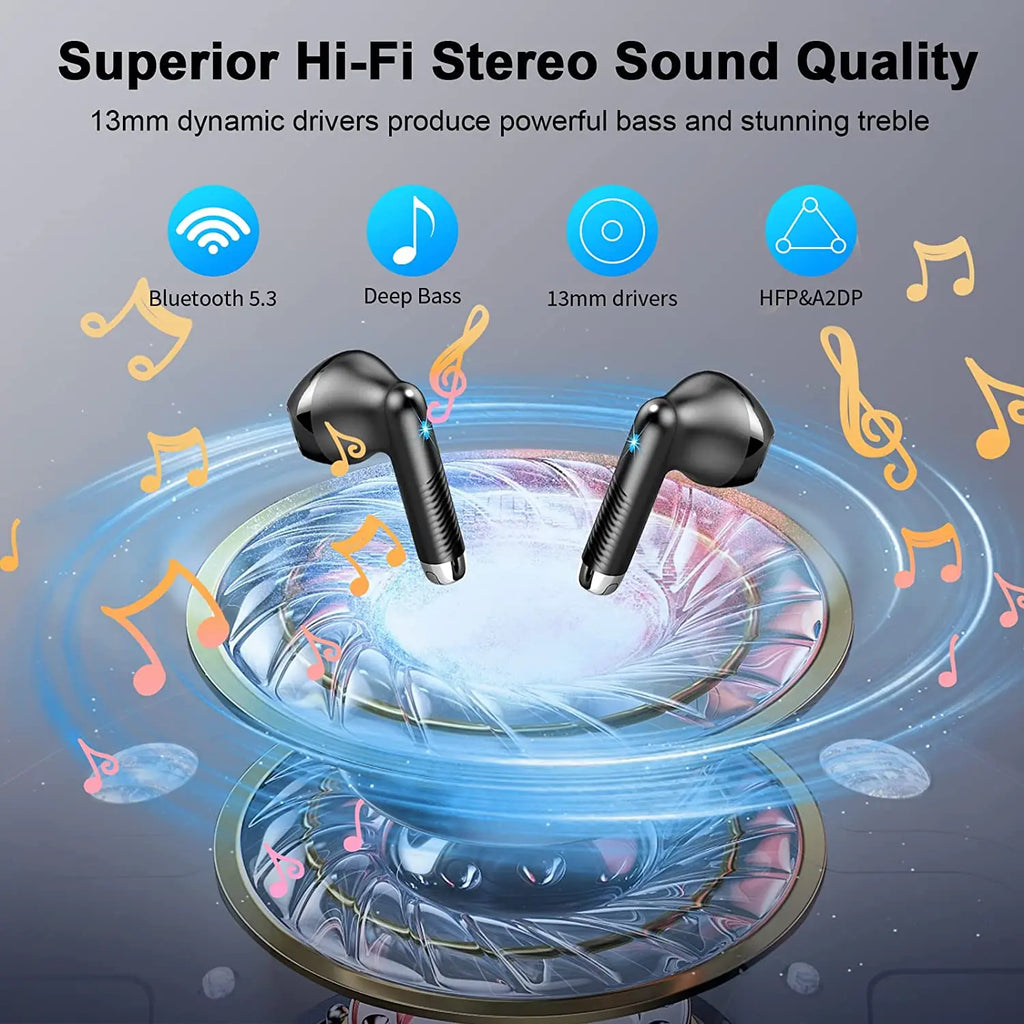 Fones de Ouvido Sem Fio HE050A, Bluetooth 5.3, 4 Microfones ENC com Cancelamento de Ruído, Estojo de Carregamento com Tela LED de 40H, Fones Intra-auriculares à Prova d'Água IP7.