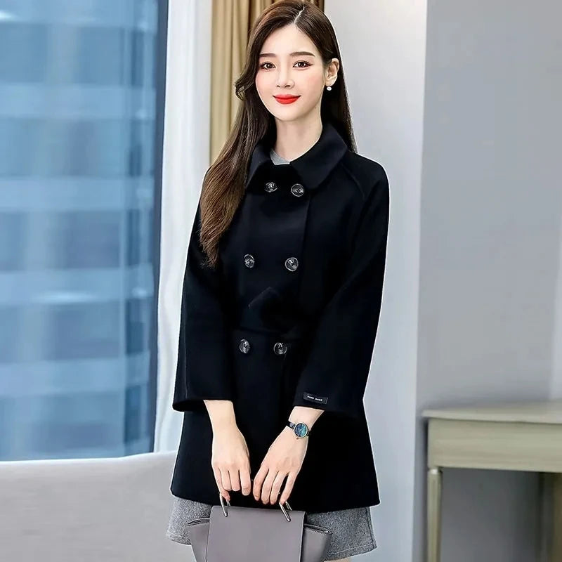 Casaco Feminino de Lã para Outono Inverno Novo Casaco Casual com Cinto Dupla Carreira Acinturado de Lã Quebra-Vento Outwear