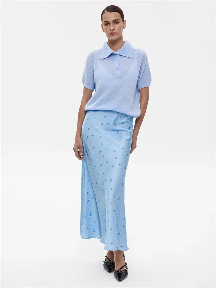 Suéter de malha feminino de manga curta casual com lapela patchwork transparente e vazado para o dia a dia