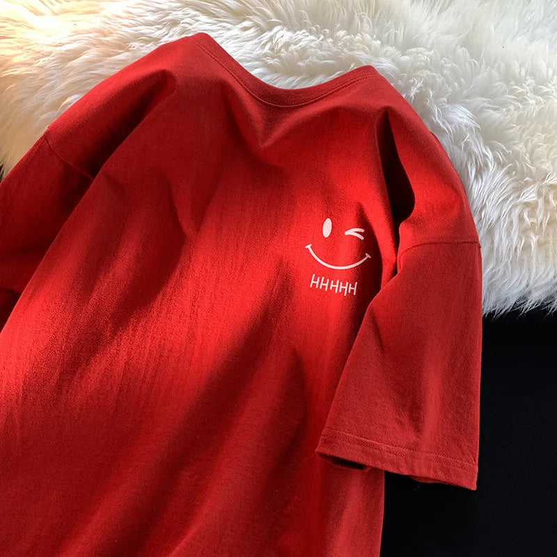 Men Womens Smiling Face Funny Fashion Couple Short Sleeved T Shirt American Basic Simple Oversized Loose Boys Pullover Top - Apricot L