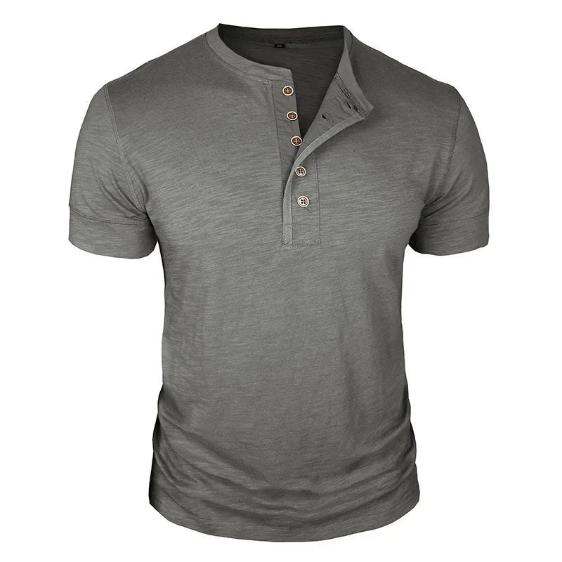 Camisetas masculinas de verão europeias e americanas, camisa Henley de algodão masculina de manga curta, camiseta masculina casual de gola redonda