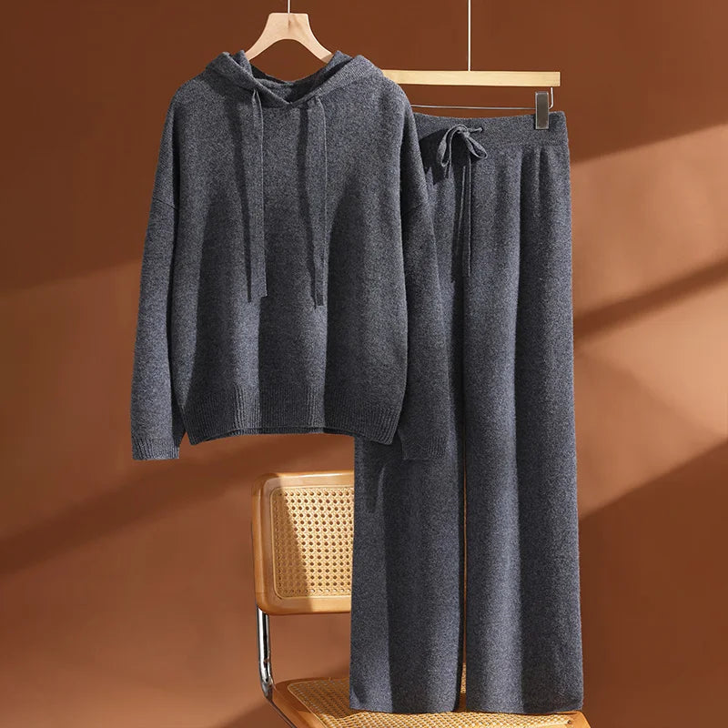 CHICUU Conjunto Feminino 100% Lã Moletom Pulôver Calça Pantalona Malha Grossa Casual Outono Inverno Suéter Calça Caxemira Fato
