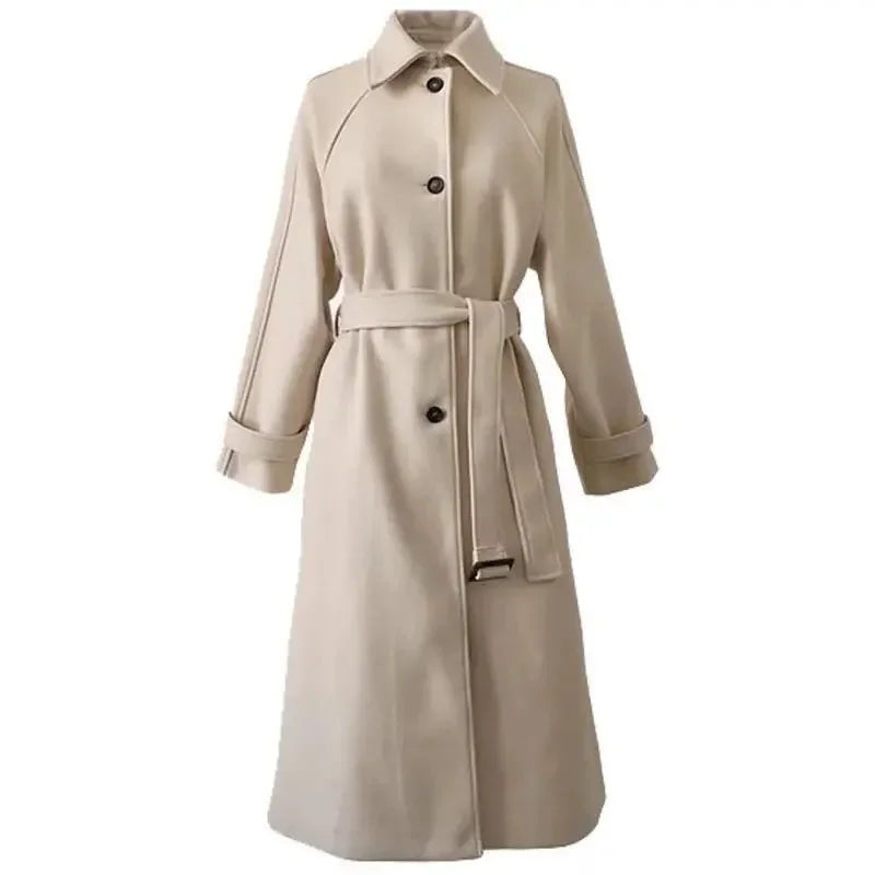 2025 Outono/Inverno Novo Casaco Feminino de Lã Coreano Solto Jaqueta Fina Temperamento com Cinto Casaco Longo de Lã Grosso Feminino