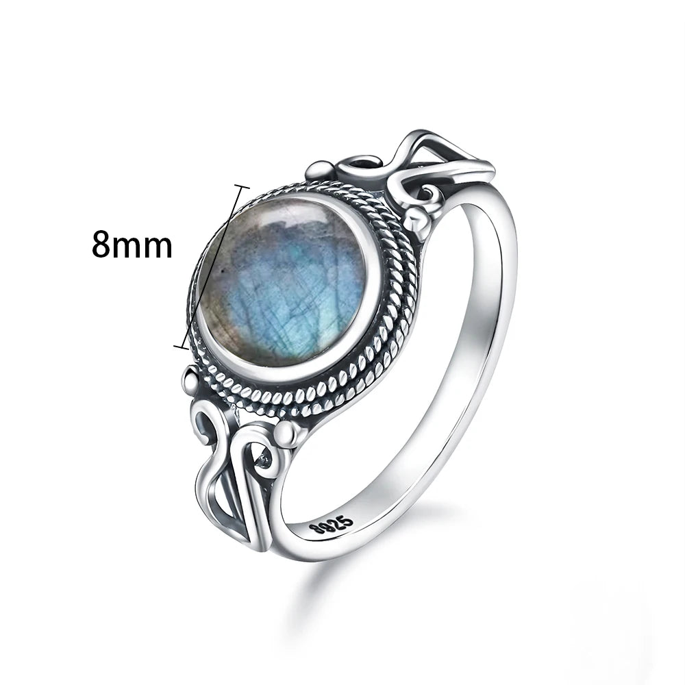 Anel Vintage de Prata Esterlina 925 com Pedra Labradorita Natural Redonda de 8MM Forte Brilho Anel de Pedra Preciosa Presente para Mulheres e Homens