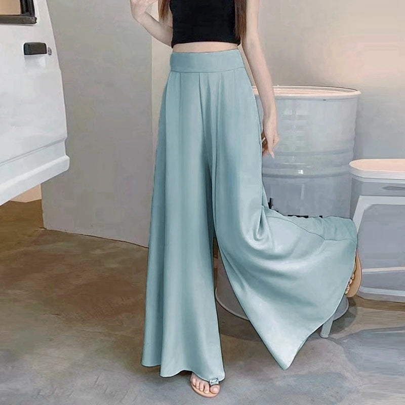 Tendência de Roupa Feminina 2024 Saia Calça de Perna Larga com Barra Grande Calça Feminina Casual Calça Social Elegante Básica de Cintura Alta para Escritório