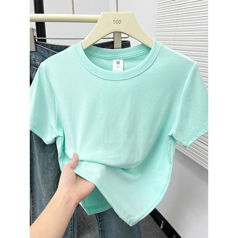 2026 Verão Nova Camiseta Casual de Alta Qualidade Sexy Manga Curta Tendência da Moda Sólida Roupa Feminina Blusas Y2K 1 - verde XXL
