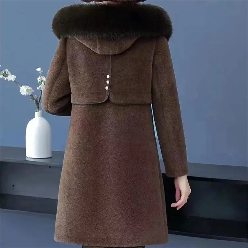 Casaco Feminino de Lã de Alto Nível Jaqueta Longa de Inverno Feminina Imitação de Vison Grossa Casacos de Lã Quentes Sobretudo de Lã para Mãe