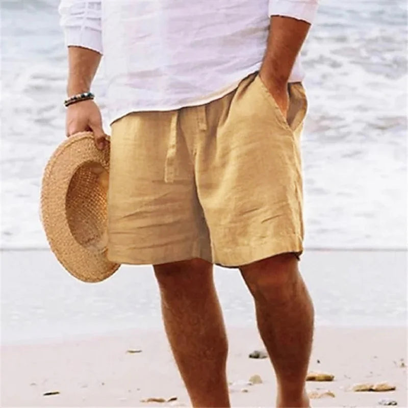 2025 Nova Coleção de Verão Masculina, Shorts Casuais de Algodão e Linho Respiráveis, Calças de Praia Estilo Havaiano, Cor Sólida, Soltas e Versáteis, Moda Streetwear Masculina