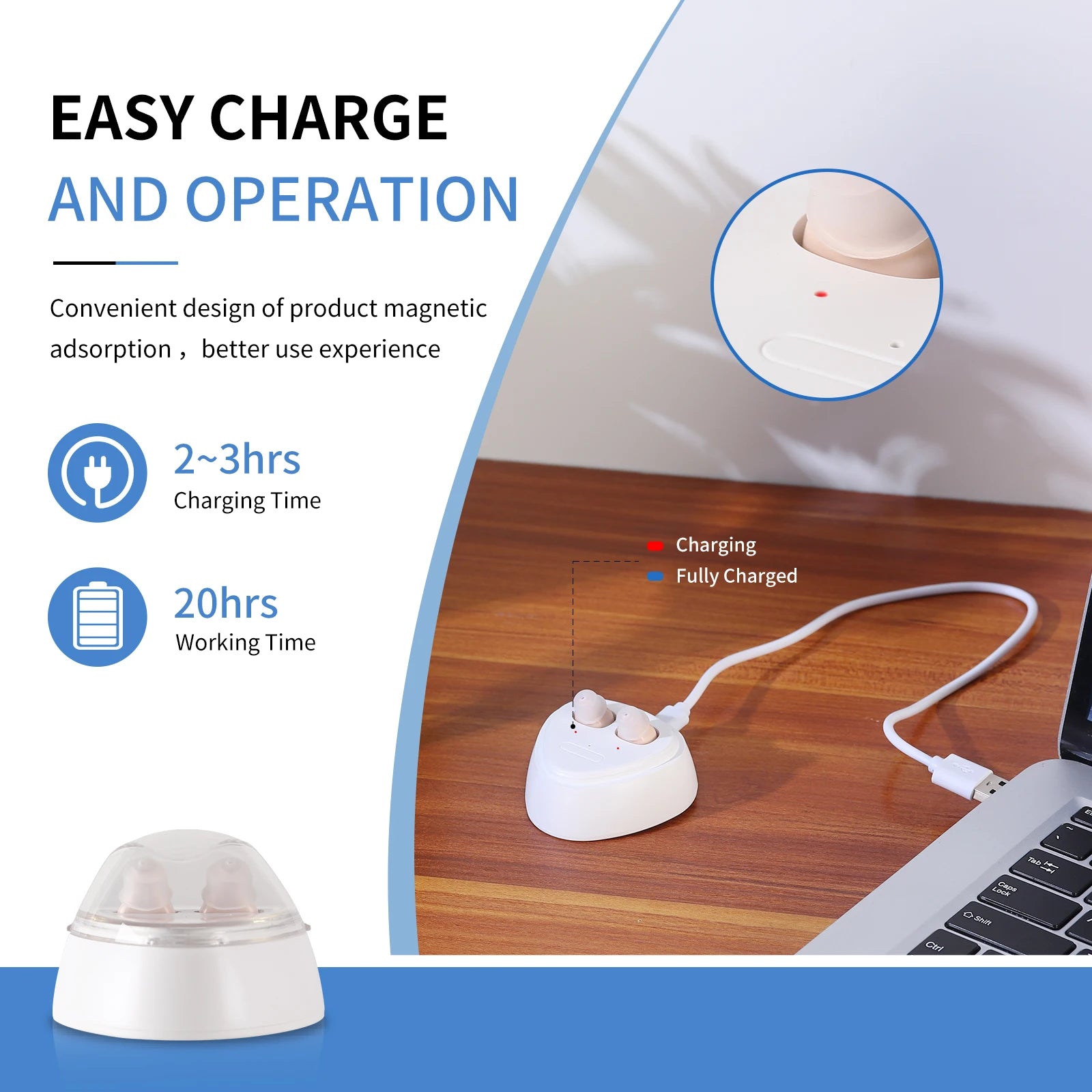 hearing earbuds amplifier, equipped with a USB charging dock, with adjustable volume, adult use as a hearing earphones aids.