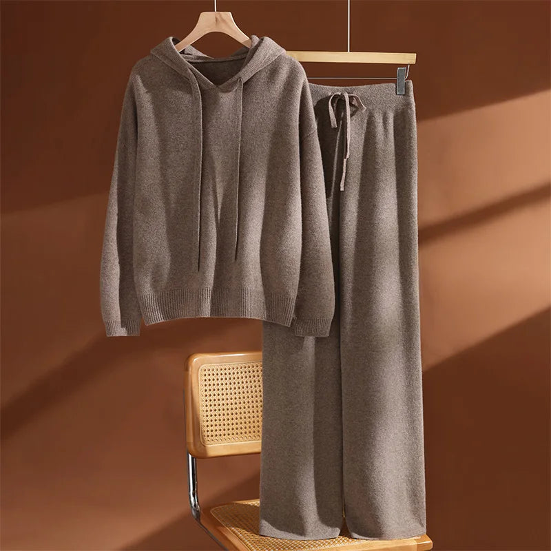 CHICUU Conjunto Feminino 100% Lã Moletom Pulôver Calça Pantalona Malha Grossa Casual Outono Inverno Suéter Calça Caxemira Fato