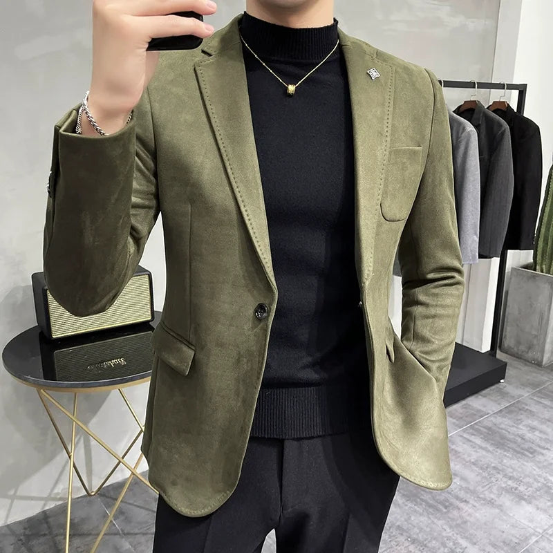Jaqueta Masculina De Couro de Cervo com Forro de Lã Terno Blazer Masculino Negócios Casual Slim Fit Marca Moda Alta Qualidade Terno de Um Botão